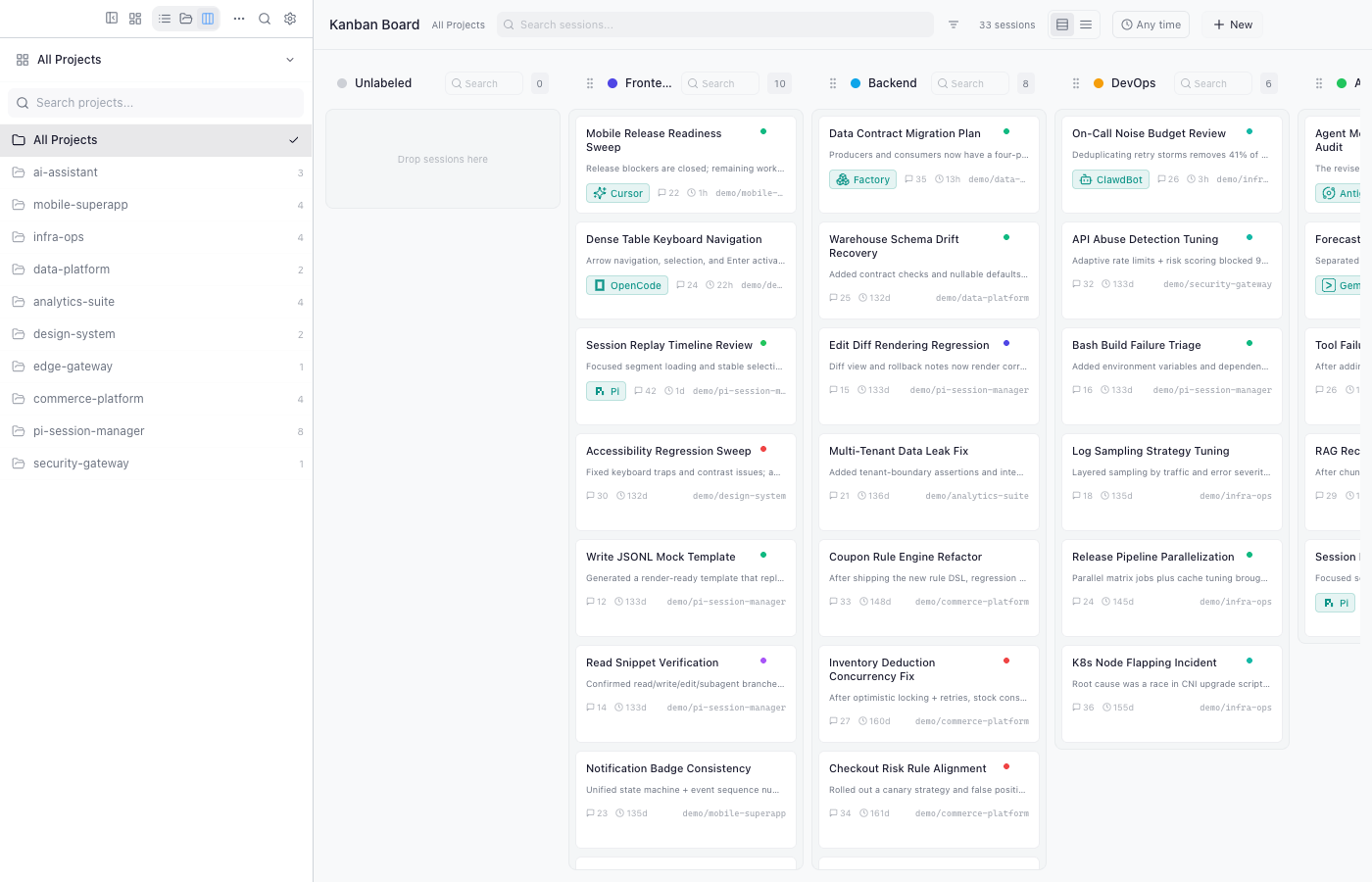 Kanban view organizing coding-agent sessions by project and status
