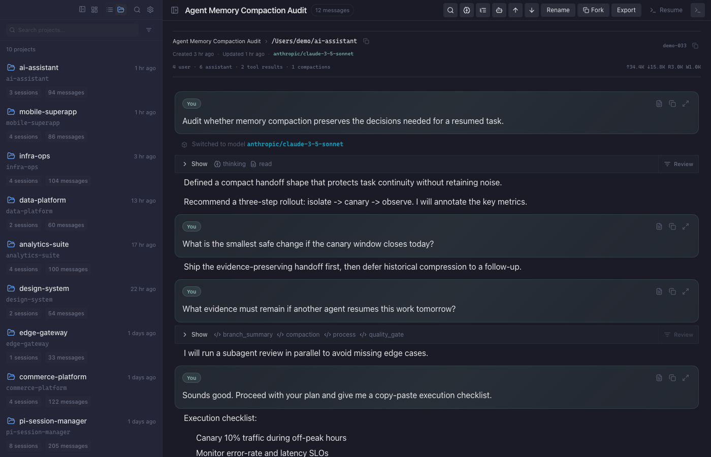 Pi Session Manager session viewer showing a coding-agent conversation and tool history