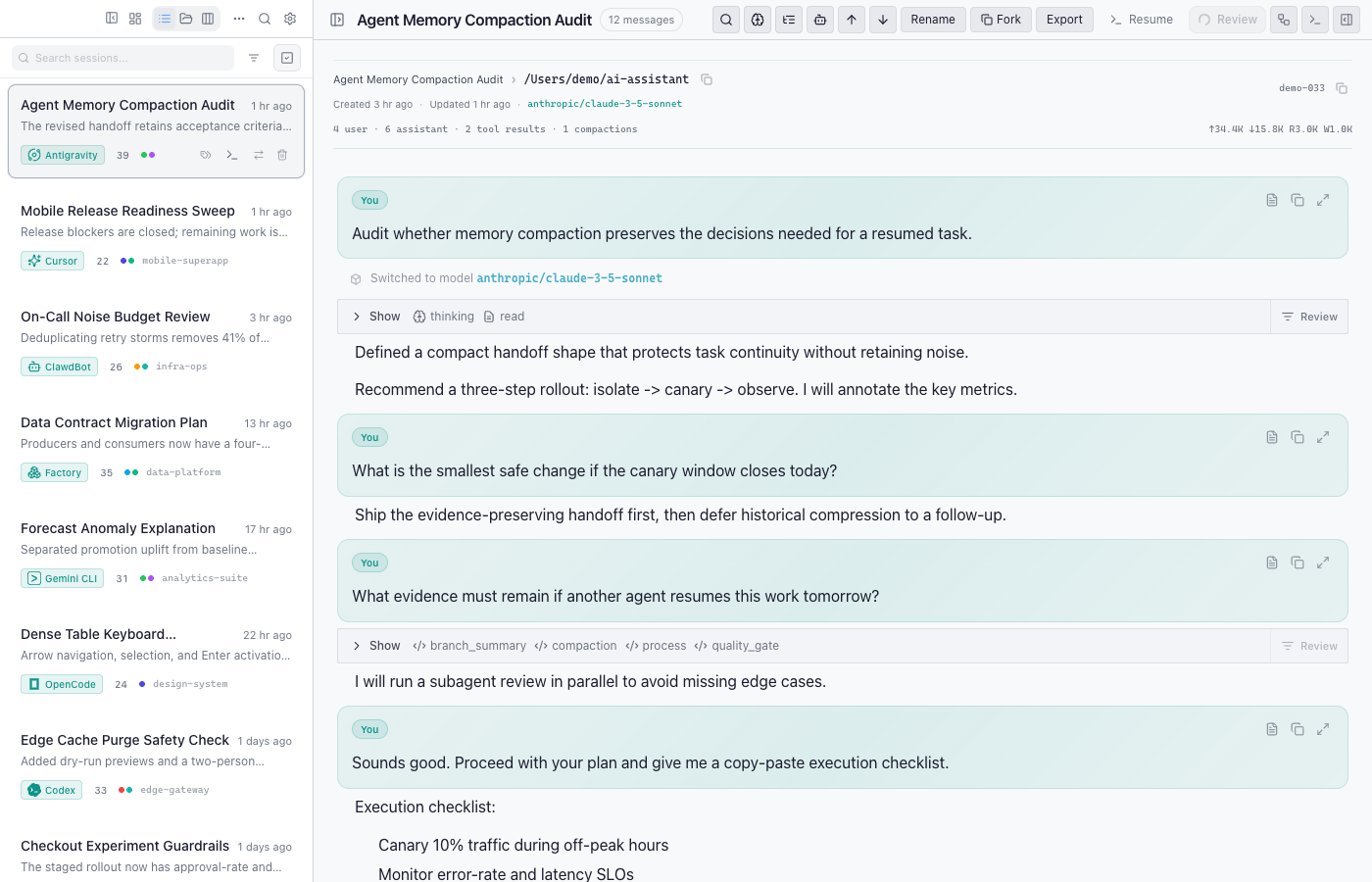 Pi Session Manager session viewer showing a coding-agent conversation and tool history