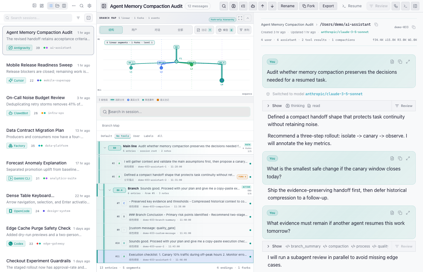 Session tree showing searchable conversation structure and branches